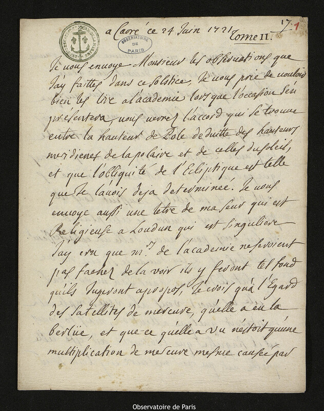 Lettre de Jacques d'Allonville de Louville à Joseph-Nicolas Delisle, Lieu-dit Le Clos du Petit Carré, 24 juin 1721