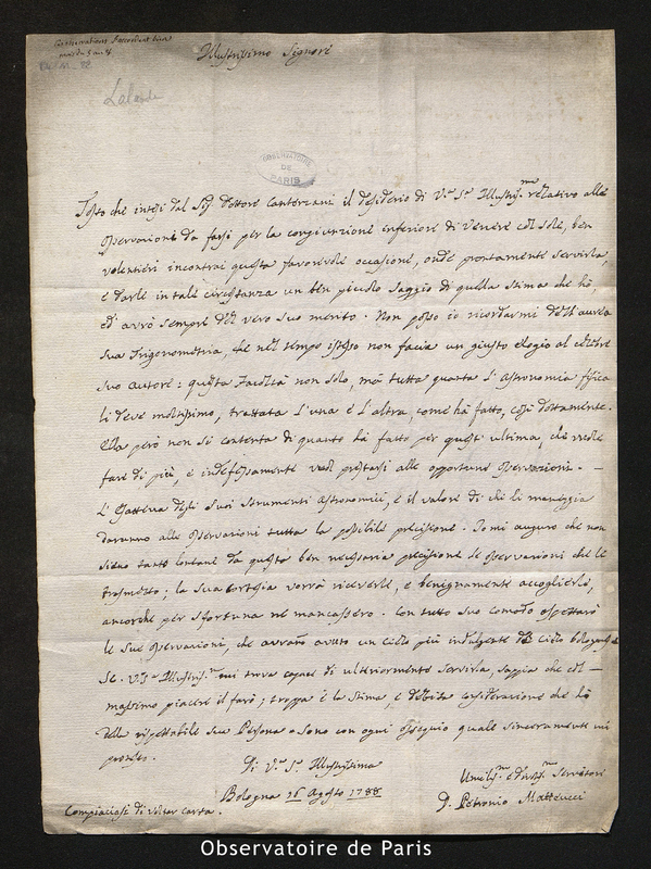 Lettre de Matteucci (Petronio) à [Lalande], Bologne le 16 août 1788