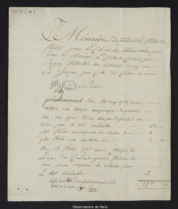 Mémoire de ferblanterie faite fournie pour le Cabinet de l'observatoire par ordres de Monsieur le Comte de Cassini par Sappey ferblantier des bâtiments du roi rue St Jacques près celles des cordier à Paris