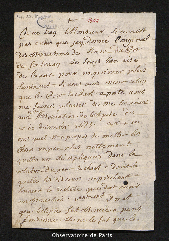 Lettre de Goüye à Cassini I, au Collège