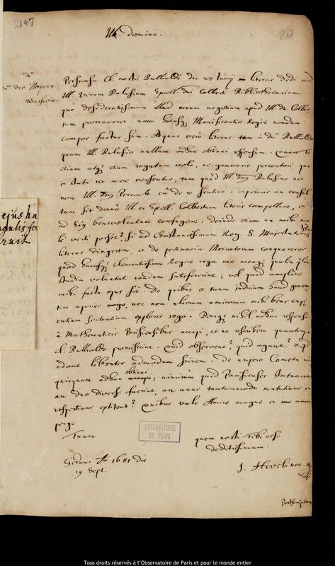 Lettre de Jan Heweliusz à Pierre Des Noyers, Gdansk, 19 septembre 1681