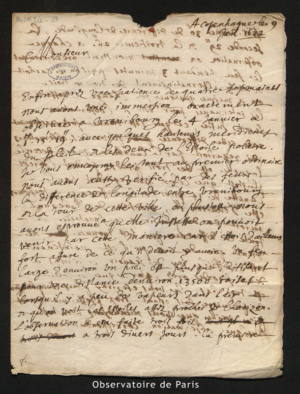 Lettre de Picard à Cassini I, Copenhague le 9 janvier 1672