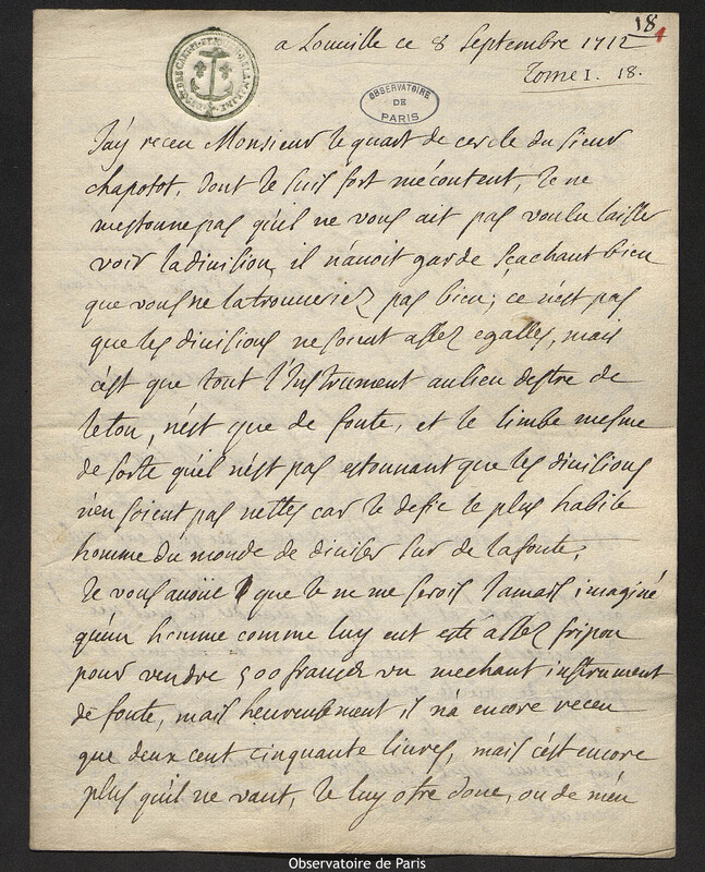 Lettre de Jacques d'Allonville de Louville à Joseph-Nicolas Delisle, Louville-la-Chenard, 8 septembre 1712