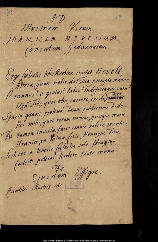 Texte manuscrit de Johann Ernst von Schmieden à Jan Heweliusz, 1678