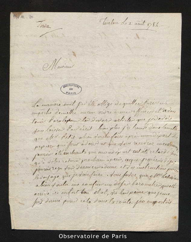 Lettre de Tondu à Cassini IV, Toulon le 1er août 1784