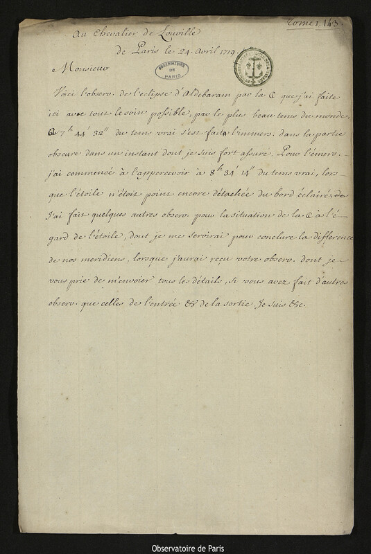 Lettre de Joseph-Nicolas Delisle à Jacques d'Allonville de Louville, Paris, 24 avril 1719