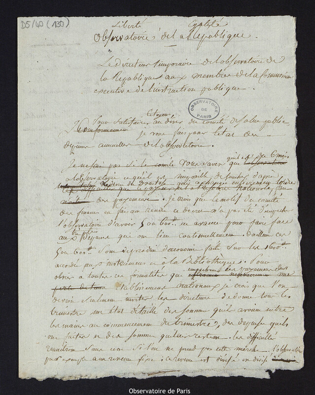 Lettre de M. Perny de Villeneuve, directeur temporaire de l'Observatoire de la République aux membres de la Commission exécutive de l'Instruction publique, le 6 juillet 1794