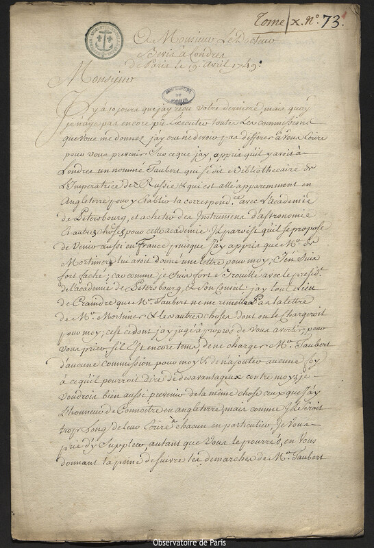 Lettre de Joseph-Nicolas Delisle à Jean Bevis, Paris, 19 avril 1749