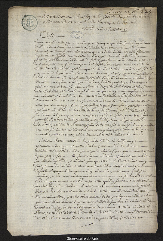 Lettre de Joseph-Nicolas Delisle à James Bradley, Paris, 15 juillet 1752