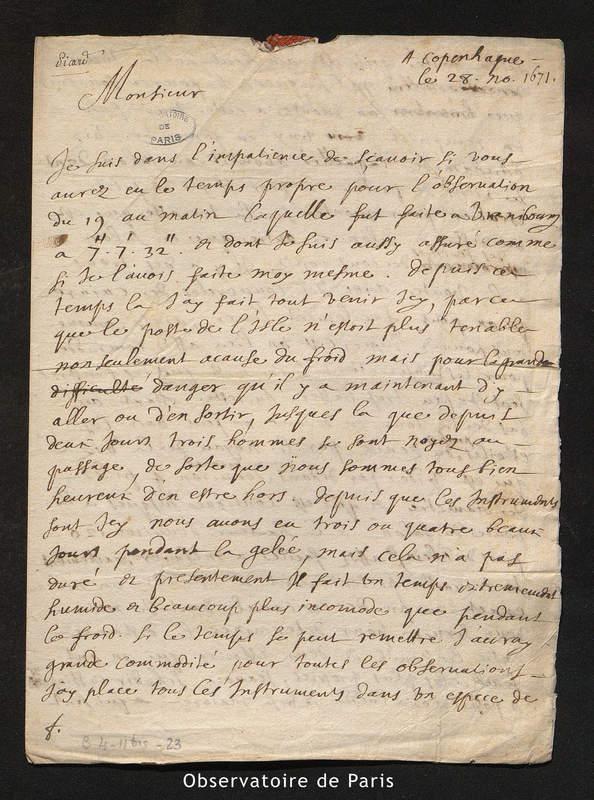 Lettre de Picard à Cassini I, Copenhague le 28 novembre 1671