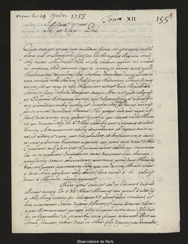 Lettre de Eusébio da Veiga à Joseph-Nicolas Delisle, Lisbonne, 28 mai 1753