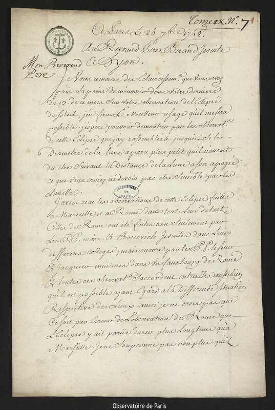 Lettre de Joseph-Nicolas Delisle à Laurent Béraud, Paris, 24 septembre 1748