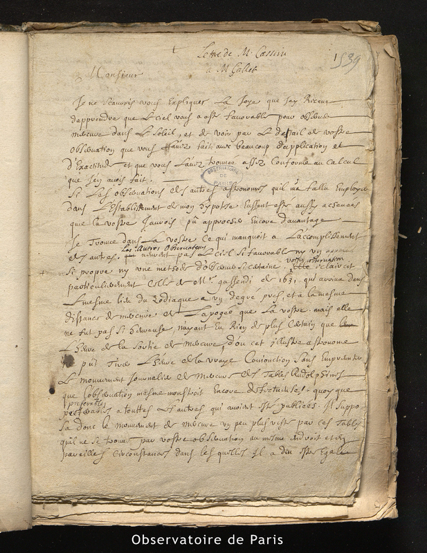 Lettre de M. Cassini à M. Gallet, à Paris, le 16 décembre 1677