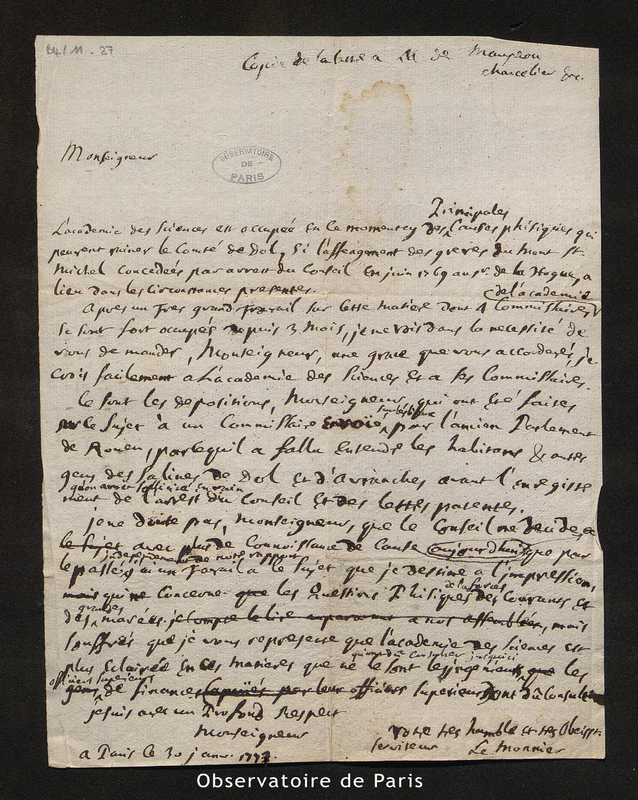 Lettre de Le Monnier à M. de Maupeou Chancellier, Paris le 30 janvier 1773