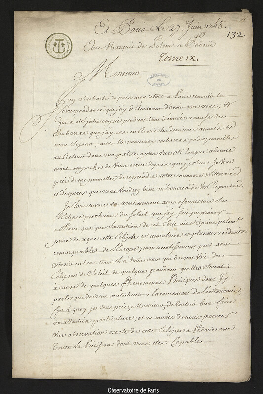 Lettre de Joseph-Nicolas Delisle à Giovanni Poleni, Paris, 27 juin 1748