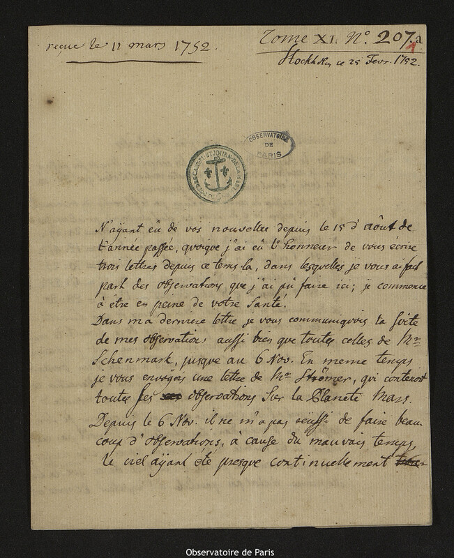 Lettre de Pehr Wilhelm Wargentin à Joseph-Nicolas Delisle, Stockholm, 25 février 1752