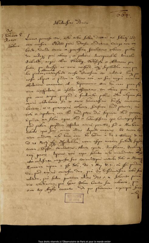 Lettre de Jan Heweliusz à Svante Svantesson Banér, Gdansk, 21 juin 1661