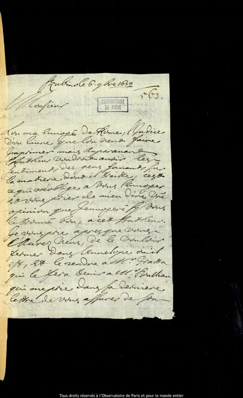 Lettre de Pierre Des Noyers à Jan Heweliusz, Szubin, 6 novembre 1659