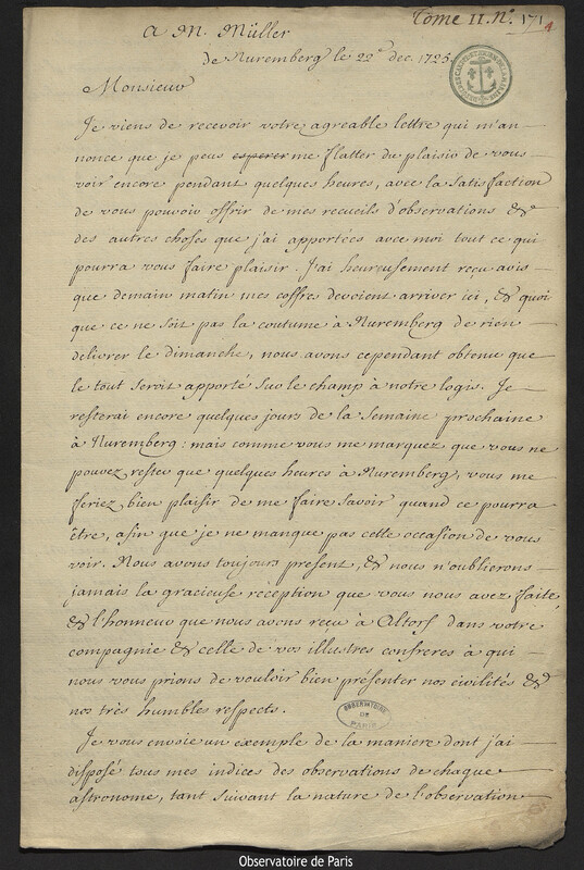 Lettre de Joseph-Nicolas Delisle à Johann Heinrich Müller, Nuremberg, 22 décembre 1725