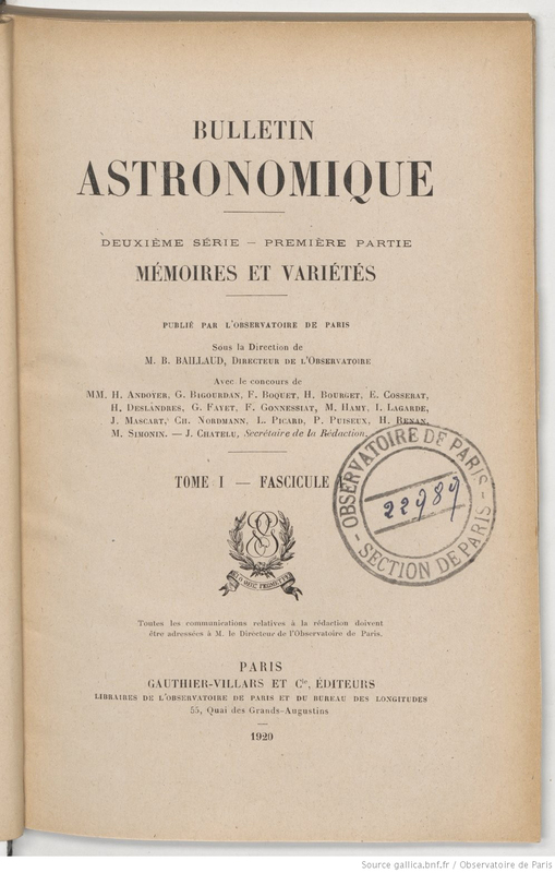 (1920-1965) Bulletin astronomique. Mémoires et variétés