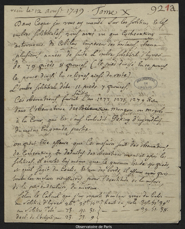 Lettre de Antoine Gaubil à Joseph-Nicolas Delisle, Pékin, 29-30 novembre 1748