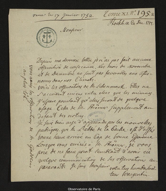 Lettre de Pehr Wilhelm Wargentin à Joseph-Nicolas Delisle, Stockholm, 24 décembre 1751