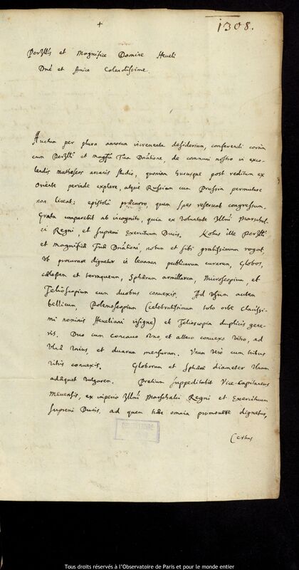 Lettre de Stanislaw Solski à Jan Heweliusz, Zotkiev, 31 mai 1668