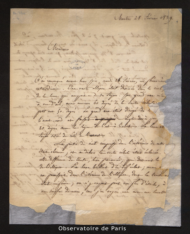 Lettre de Chasles à François Arago, Chartres le 28 février 1839