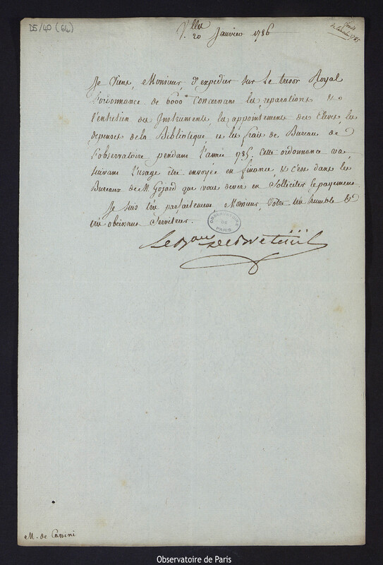 Lettre de Louis Le Tonnelier, baron de Breteuil, à Cassini IV, directeur de l'Observatoire, le 20 janvier 1786