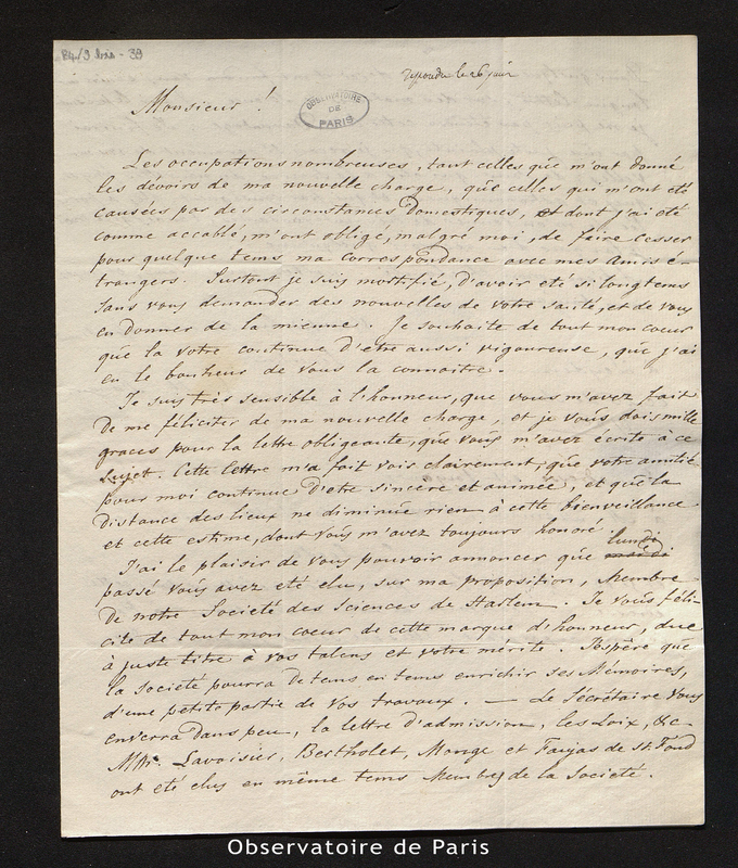 Lettre de C. H. Damen à Cassini IV, Leyden le 26 mai 1786