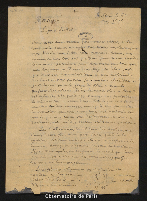 Lettre de Jean de Fontaney à Cassini, Siam, le 6 Mai 1686