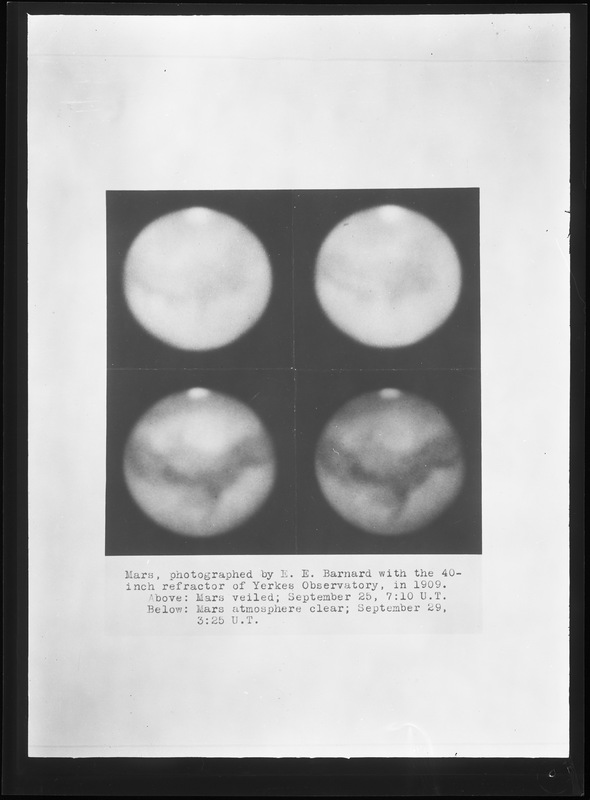 MARS. 1909. Télescope 40 pouces. Observatoire Yerkes. Haut : Mars voilé - 25 septembre à 7h10 - T.U bas : atmosphère claire (titre forgé)