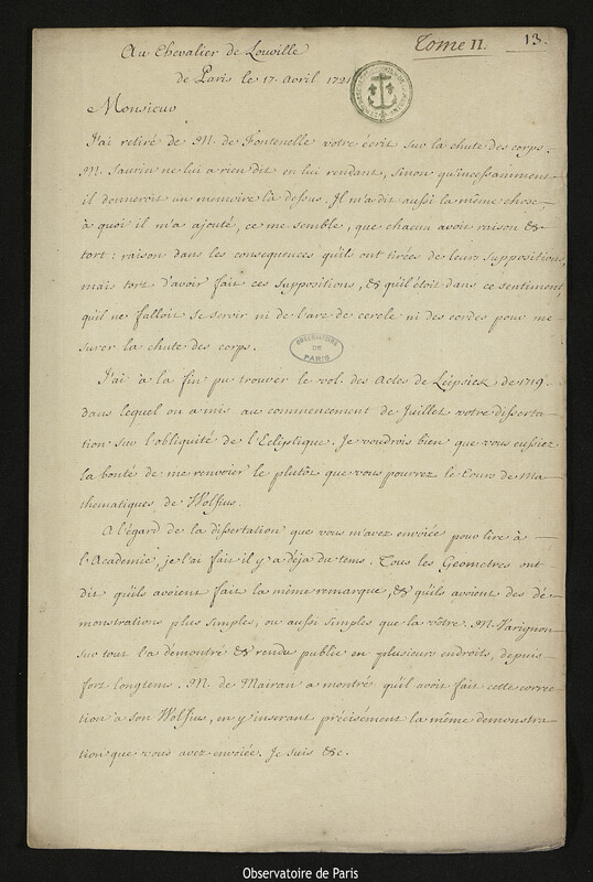 Lettre de Joseph-Nicolas Delisle à Jacques d'Allonville de Louville, Paris, 17 avril 1721