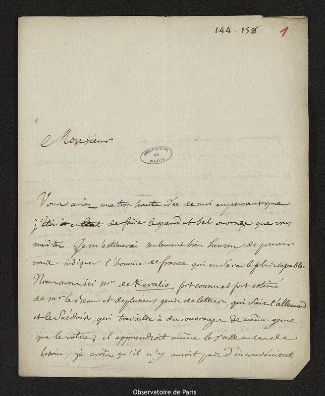 Lettre de Edme Mentelle à Joseph-Nicolas Delisle, Paris, 18 mars 1760