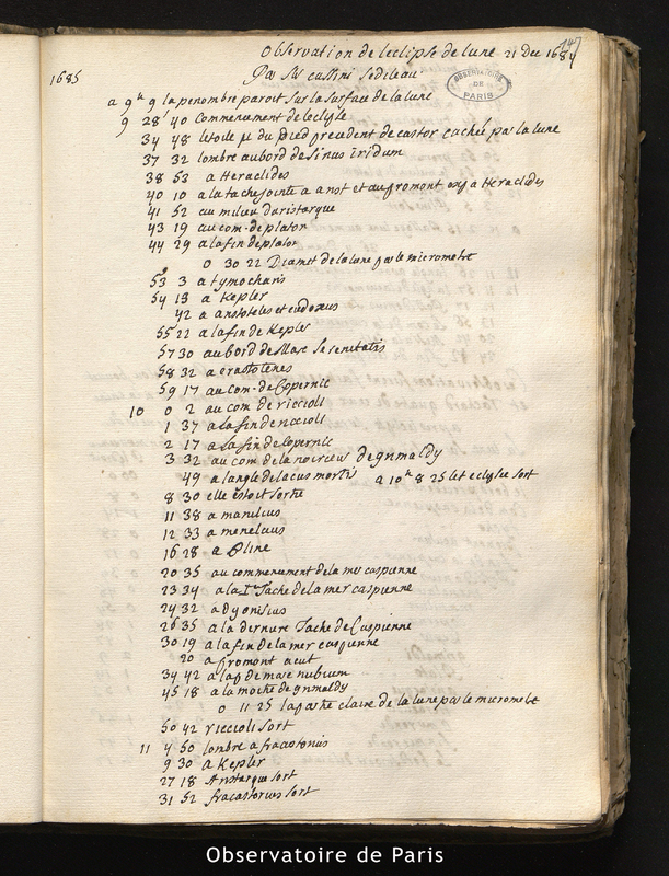 CASSINI I et SEDILEAU. Observations de l'éclipse de Lune du 21 déc. 1684