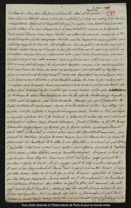 Lettre du baron Franz Xaver von Zach à Joseph Jérôme Le françois de Lalande [Gotha], 6 janvier 1798