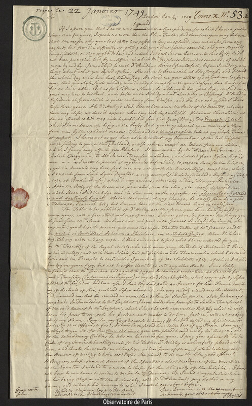 Lettre de Jean Bevis à Joseph-Nicolas Delisle, Londres, 13 janvier 1749