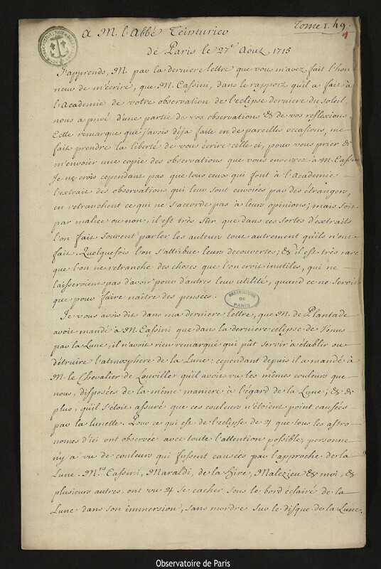 Lettre de Joseph-Nicolas Delisle à Charles Teinturier, Paris, 27 août 1715