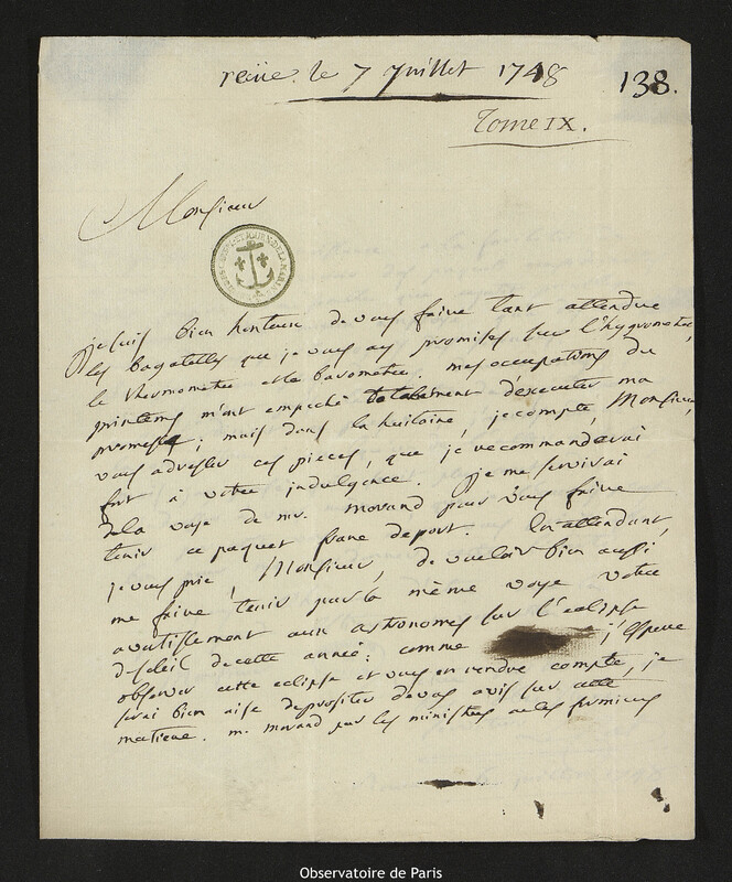 Lettre de Claude-Nicolas Le Cat à Joseph-Nicolas Delisle, Rouen, 6 juillet 1748