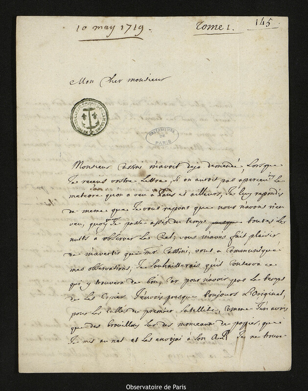 Lettre de Louis Feuillée à Joseph-Nicolas Delisle, Marseille, 10 mai 1719