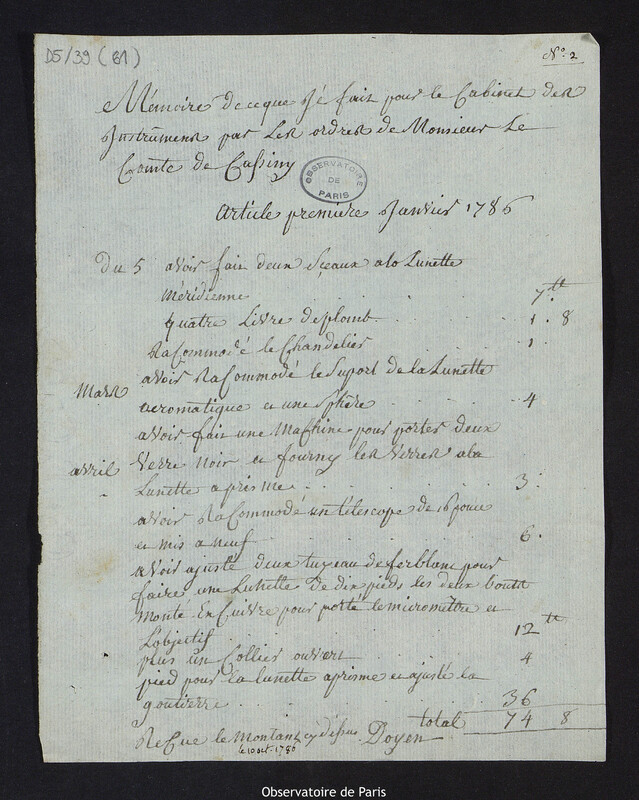 Mémoire de ce que j'ai fait pour le Cabinet des instruments de Monsieur le Comte de Cassini, janvier 1786