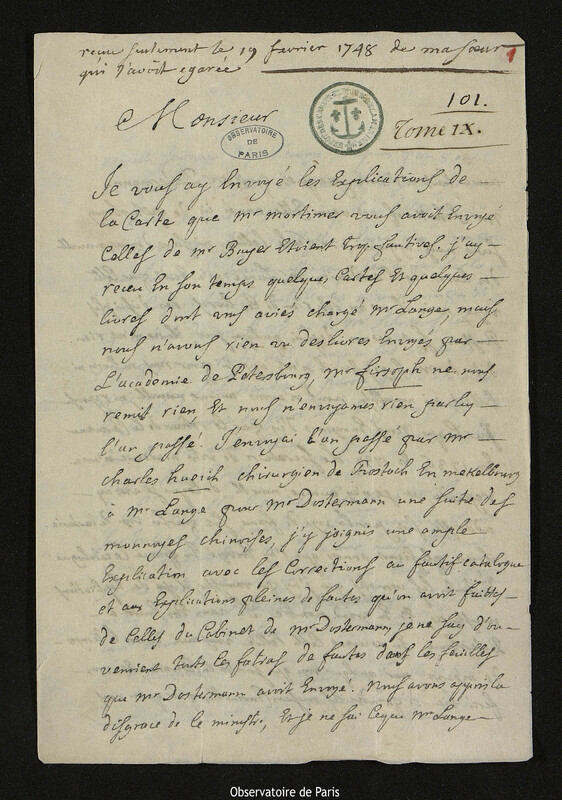 Lettre de Antoine Gaubil à Joseph-Nicolas Delisle, Pékin, 9 septembre 1743