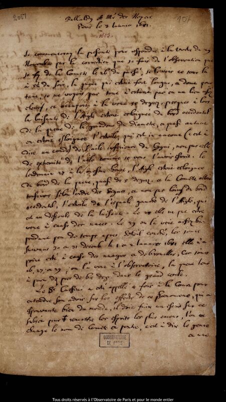 Lettre d'Ismaël Boulliau à Pierre Des Noyers, Paris, 3 janvier 1681