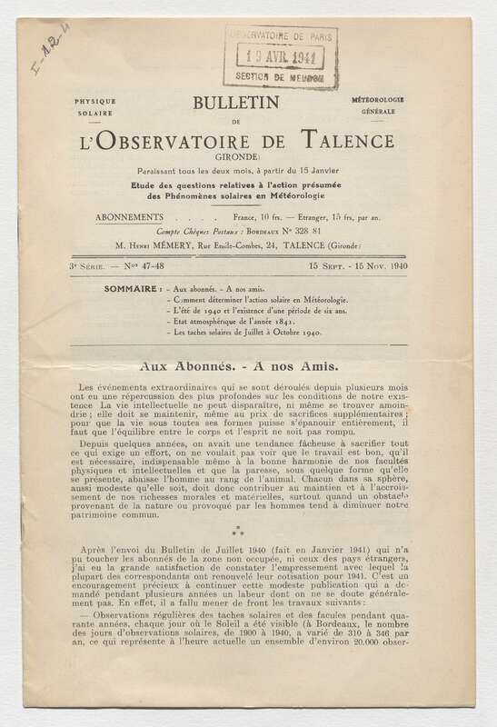 (1940) Bulletin de l'Observatoire de Talence, 3e série