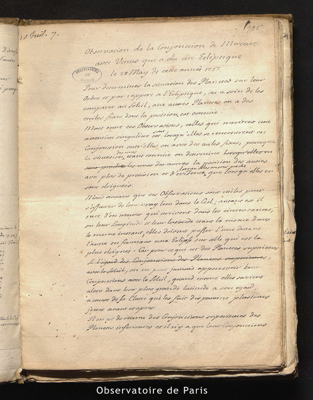 CASSINI II. Observations de la conjonction de Mercure avec Vénus qui a dû être Ecliptique le 28 mai de cette année 1737