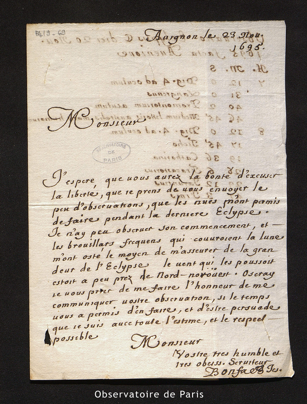 Lettre de Bonfa à La Hire, Avignon le 23 novembre 1695