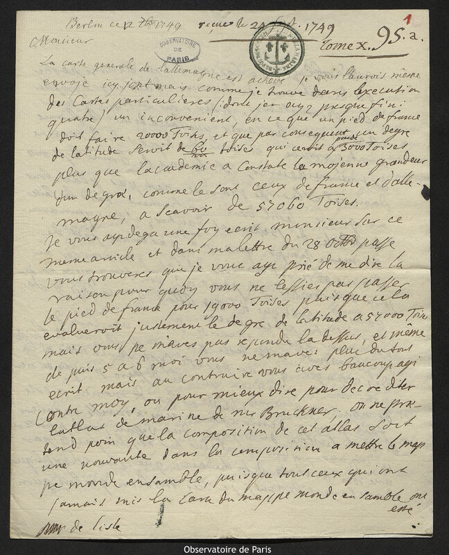 Lettre de comte Samuel de Schmettau à Joseph-Nicolas Delisle, Berlin, 12 septembre 1749