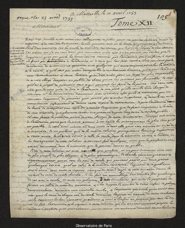 Lettre de Guillaume de Saint-Jacques de Silvabelle à Joseph-Nicolas Delisle, Marseille, 10 avril 1753