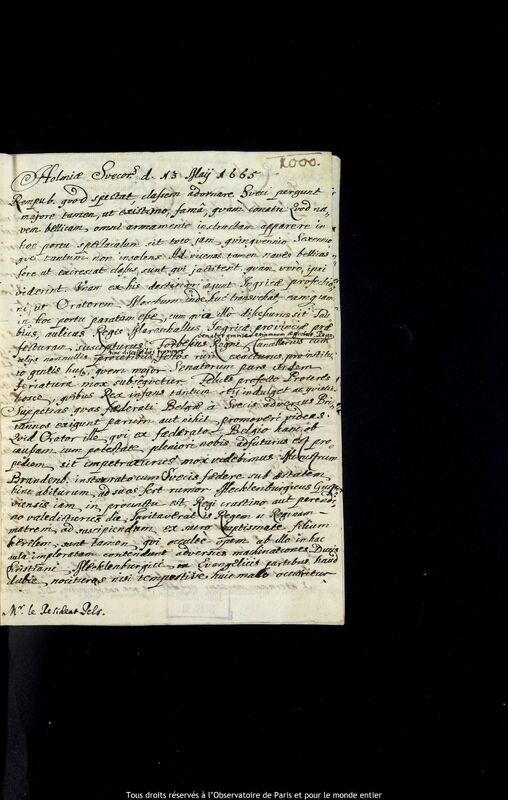 Lettre de Stanislaw Lubieniecki à Stanislaw Lubieniecki, Stockholm, 13 mai 1665