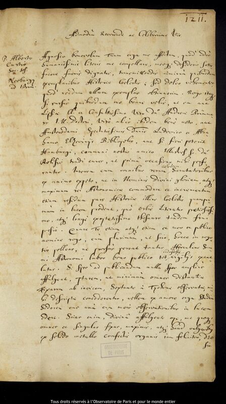 Lettre de Jan Heweliusz à Albert Curtz, Gdansk, 1er avril - 31 juillet 1667